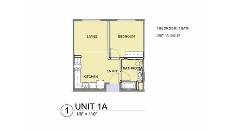 Floor plan for 1 bed, 1 bath, 544 sqft